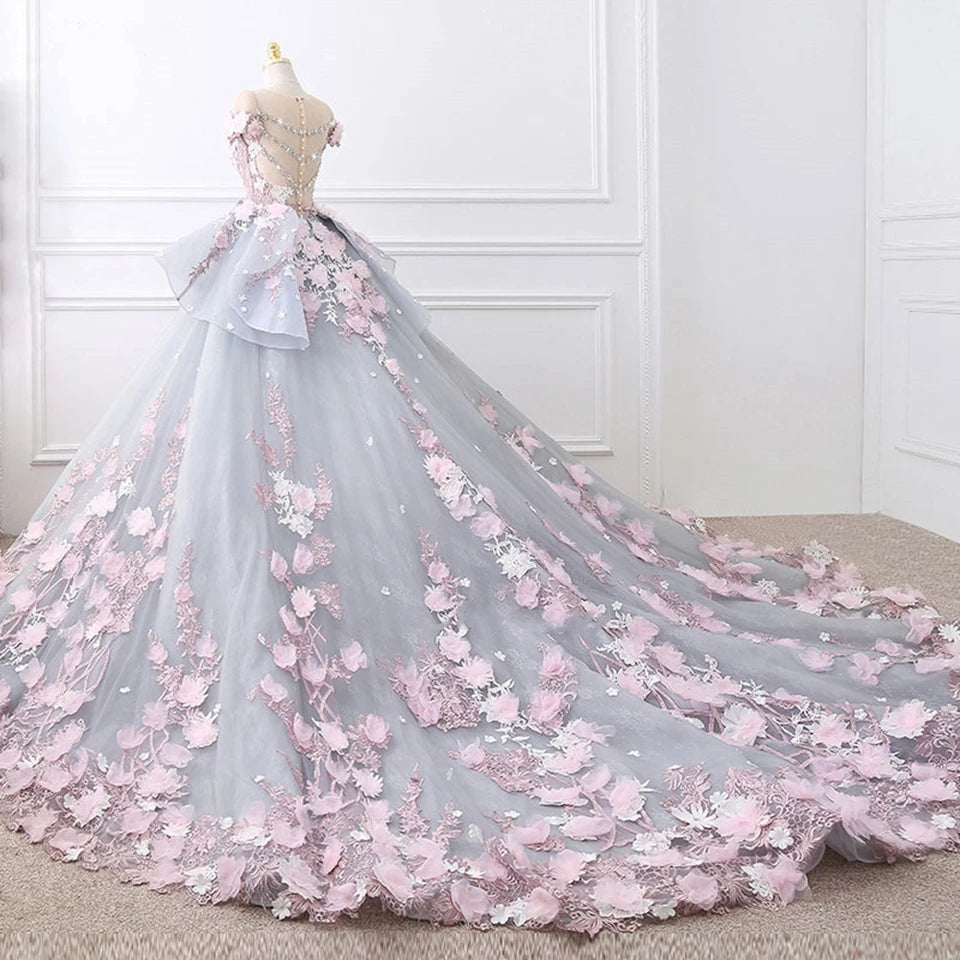 Exquisitos vestidos de novia con apliques de flores 3D 2023, vestidos de novia de princesa con volantes de tul, vestido de novia con cola de corte