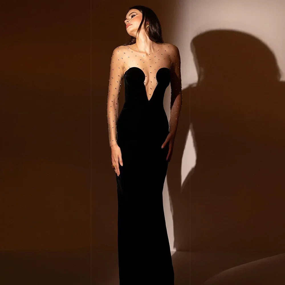 2024 Nouvelle robe de soirée formelle pour femme Sexy Mesh à manches longues Patch velours noir perlé robe de soirée élégante pour occasions spéciales