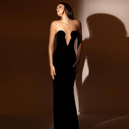 2024 Nuevo vestido de noche formal para mujer, sexy, de malla, manga larga, parche de terciopelo negro con cuentas, elegante vestido de fiesta para ocasiones especiales