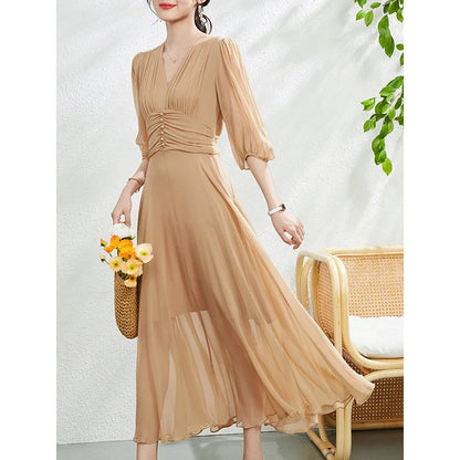 Birdtree 6A 100%Mulberry Silk Vacation Dresses Women V-neck Slim Elegant French-style Party Long Dress Summer Fall New D3N170QM