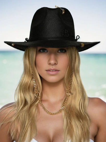 Novedad de verano 2023, sombrero de paja RB, sombrero fedora con correa de cadena negra para mujer, sombrero de playa para mujer