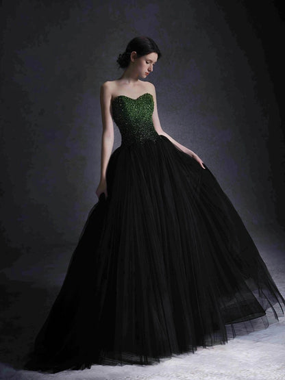 Robe de soirée vintage noire et verte sans bretelles, luxueuse robe de cocktail de mariage en tulle plissé avec perles faites à la main