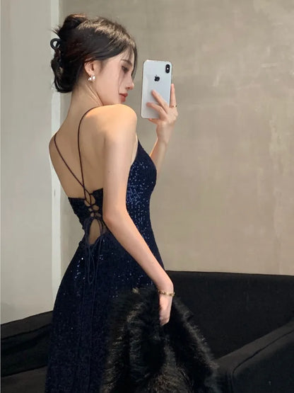 Women's Backless V-Neck Split Maxi Dress Sexy Slim Evening Gown Luxury Dresses Fashion Robe Birthday Party Spring Autumn New