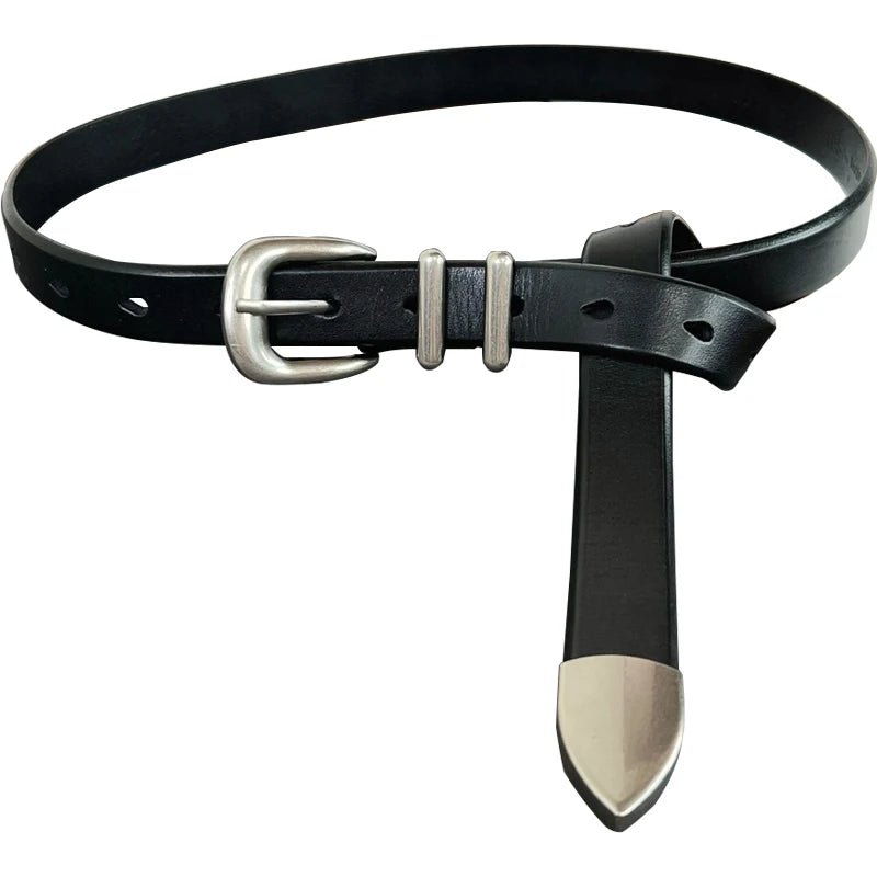 Women Men Vintage Silver Black Waistband leather  Cowskin Buckle Belt