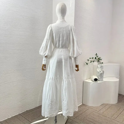 White Hook Flower Hollow Long Shirt Dress Top Quality Spring Women Summer Elegant Lantern Sleeve Buttons Lace-up