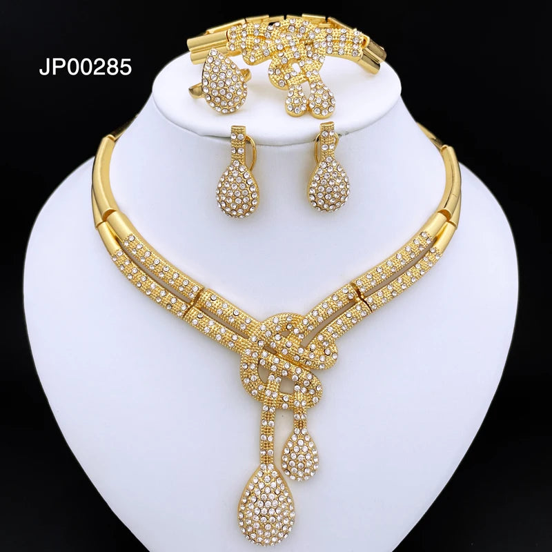 Conjuntos de joyas para mujer de color dorado de Dubái, diseño clásico, collar, pendientes, pulsera, anillo, banquete, fiesta, joyería chapada en oro de 18 quilates