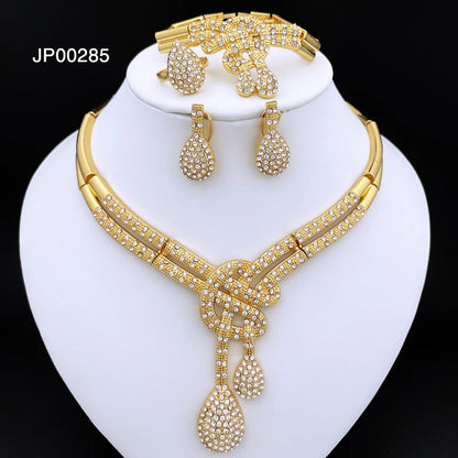 Parure de bijoux pour femmes couleur or de Dubaï, design classique, collier, boucles d'oreilles, bracelet à breloques, bague, bijoux de fête de banquet, plaqué or 18 carats