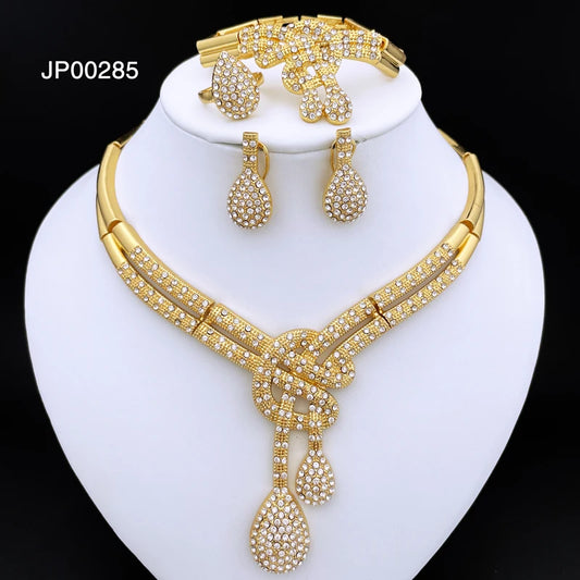 Conjuntos de joyas para mujer de color dorado de Dubái, diseño clásico, collar, pendientes, pulsera, anillo, banquete, fiesta, joyería chapada en oro de 18 quilates