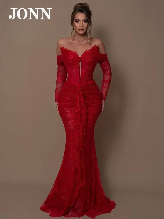 JONN Party Dresses for Women Off Shoulder Long Sleeves Red Lace Mermaid Maxi Gown Formal Occasion Fashion Summer 2024