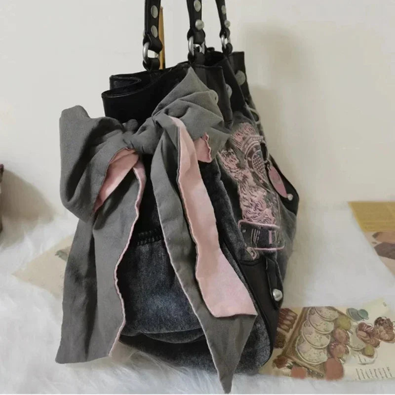 Sac à bandoulière en velours brodé noir gothique pour femmes Y2K, sacs à main de luxe vintage esthétiques de créateur, sacs fourre-tout roses, grands sacs à main pour femmes