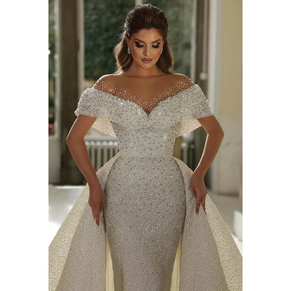 Luxury Sequined Pearls Wedding Dresses Fashion Sweetheart Off the Shoulder Mermaid Gowns with Detachable Train Bride Dresses