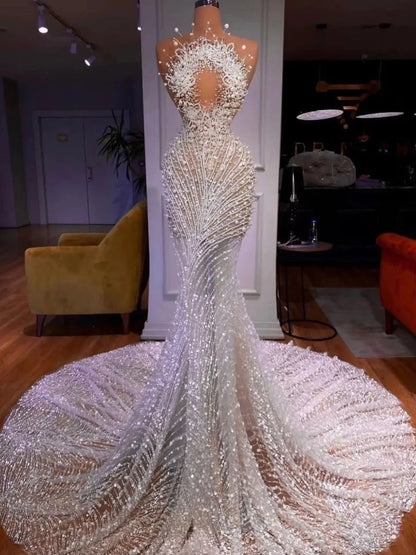 Sexy Illusion Strapless Bridal Dress Sparkly Sequins Pearls Wedding Gown 2024 Luxury Mermaid Long Bride Robe Vestido De Novia