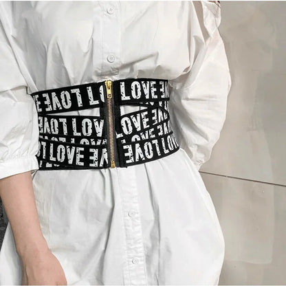 Women Letter Elastic Cummerbunds Wide Waist Seal Belt Zipper Shaping Fashion Outwear Accessories Shirt Skirt Decoration Belt