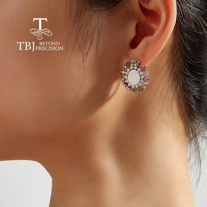 Ensemble de boucles d'oreilles et bague en pierre précieuse multicolore en opale naturelle et tourmaline pour fête d'anniversaire de femme en argent S925