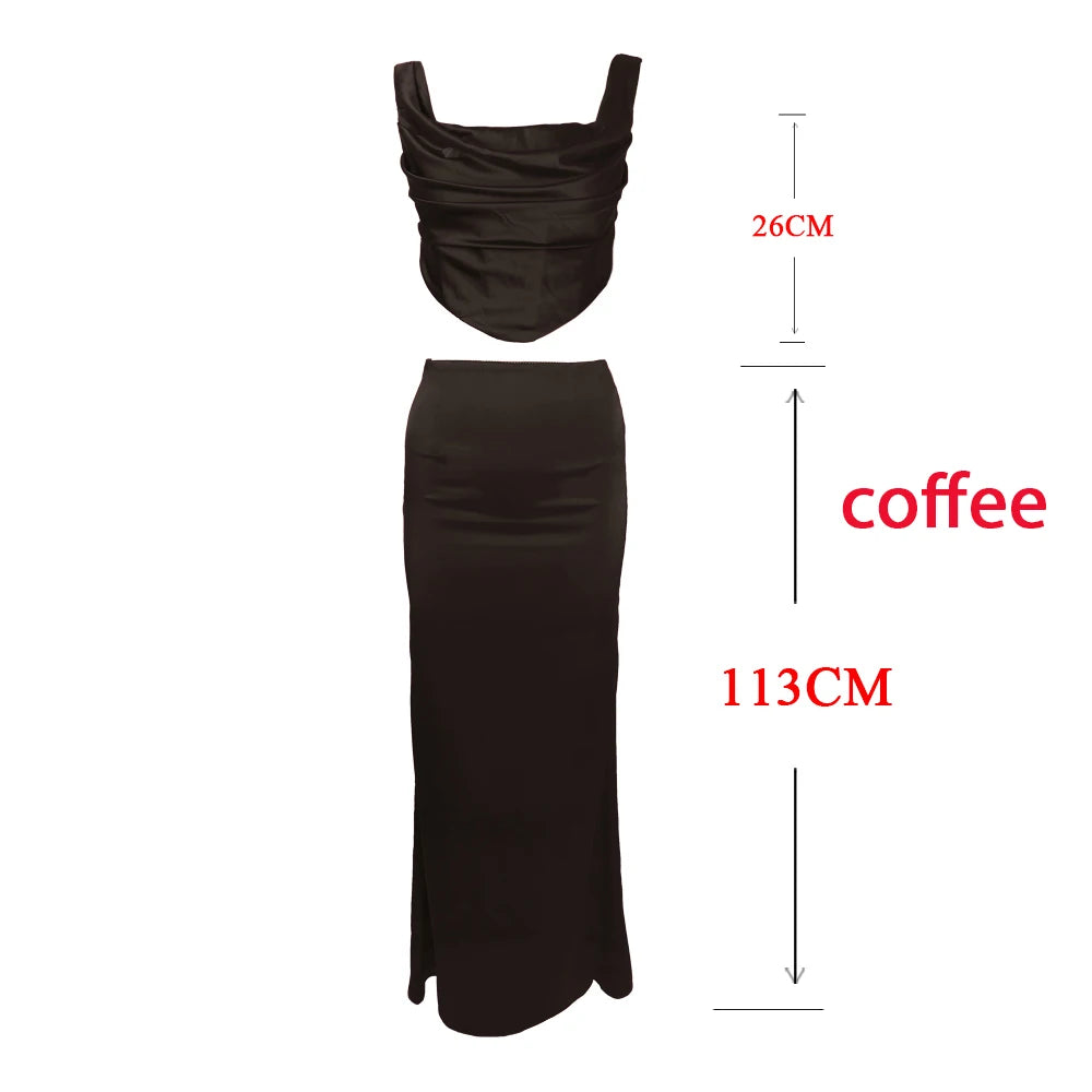 Conjuntos de vestido de 2 piezas de verano Oligai para mujer 2024 Nuevo en vestido Elegante Bodycon Corset Top corto y falda larga Satén Ropa de mujer