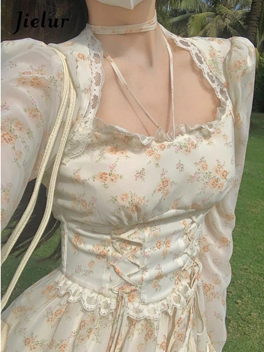 Jielur Printemps Élégant Y2K Robe Midi Femme Décontractée En Dentelle Une Pièce Robe Coréenne Douce Vintage Robe Florale Fête À Manches Longues