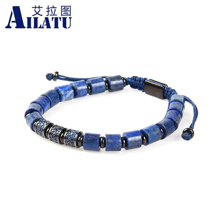 Ailatu 10pcs/lot Luxury Blue Cz Cylinders Men's Braiding Bracelet with Natural Lapis Stone Top Quality