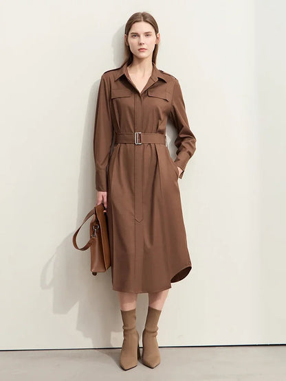 Amii Minimalism Shirt Dress For Women 2024 Autumn New Military Style With Belt Tie Retro Fashion Long Women's Dresses 12443073