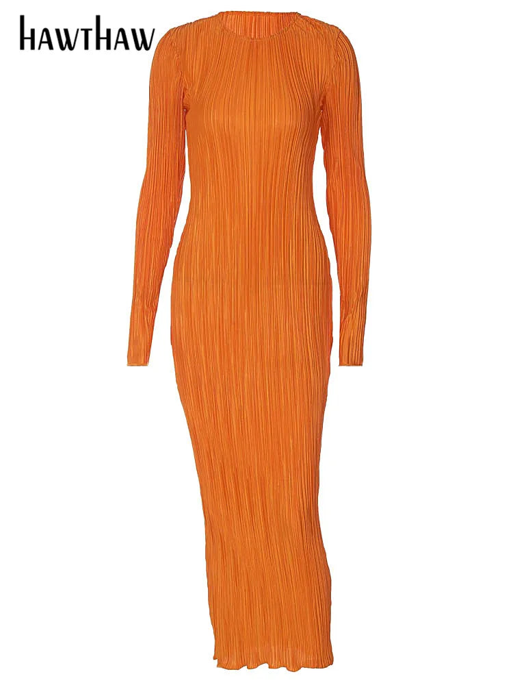 Hawthaw Femmes Mode Manches Longues Streetwear Bodycon Orange Robe Midi 2022 Automne Vêtements Articles En Gros Pour Les Entreprises