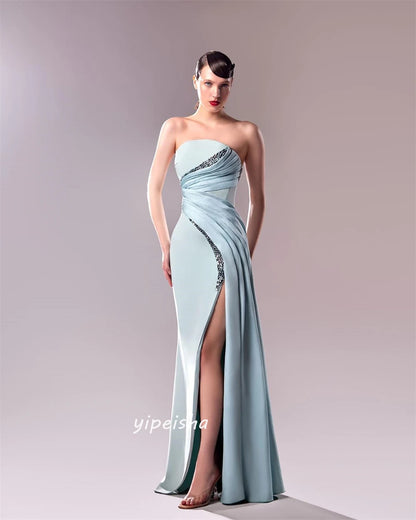 Jiayigong  Classic Modern Style Formal Evening Strapless A-line Beading Pleat Satin Bespoke Occasion Dresses