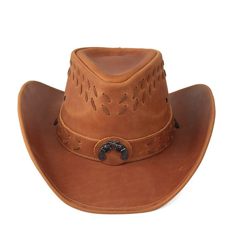 Retro Cowhide Genuine Leather Women Men PU Roll Up Wide Brim Sombrero Sun Cap Beach Cowboy Cowgirl Western Hat Adjust