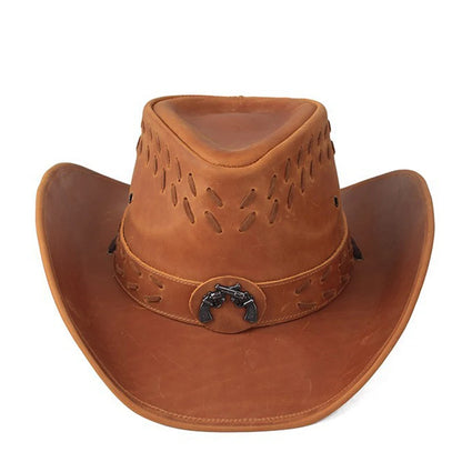 Chapeau de soleil rétro en cuir de vache véritable pour femme et homme, en PU, à large bord, ajustable, pour la plage, le cowboy, le cow-girl