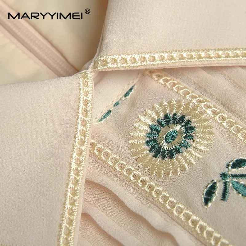 MARYYIMEI Fashion Designer Spring dress Women's Dress Turn-down Collar Lantern Long Sleeve Flower Embroidery Vintage Dresses