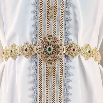 Ceinture de robe de bijoux de mariage marocain pour femmes, chaîne de taille creuse en cristal doré rouge blanc vert pour mariée