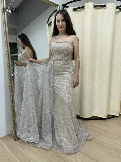 MYMB Robe de soirée à paillettes à une épaule et bretelles spaghetti avec traîne latérale pour fête de mariage Robe de soirée sirène de luxe à paillettes