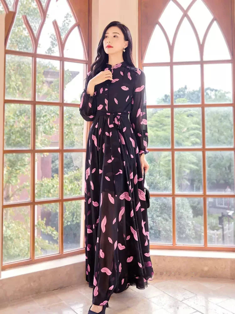 New Women Spring Summer Print Holiday Dress Fashion Stand Collar Long Sleeve Ankle-Length Dress Elegant Flowing Beach Dress