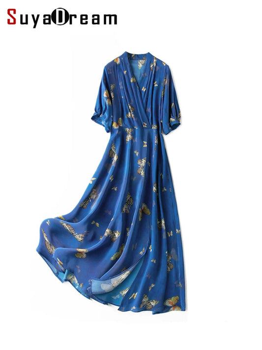 SuyaDream Femmes Maxi Robes 100% Soie Crêpe De Chine Col V Imprimé Wrap Longue Robe 2023 Printemps Été Vacances Vêtements Bleu