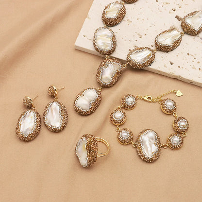 Natural Baroque Shaped Pearl Women 18K Gold Plated Jewelry Necklace Bracelet Earring Ring Fashion Designer Jewelry Sets