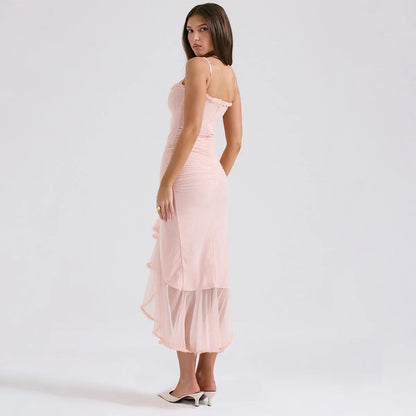 Vestidos de verano Oligai para mujer 2024, vestidos de fiesta ajustados de malla rosa con tirantes finos, vestido de sirena elegante midi