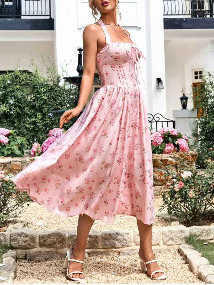 NewAsia Robe corset mi-longue à imprimé floral pour femme, dos nu, bretelles spaghetti, à nouer, mode décontractée, vacances, rose