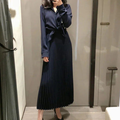 2022 New Acetate Slim Waist Pleated Long-sleeved Women Dress