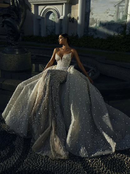 Robe de mariée sexy à col en V profond et dos nu, paillettes scintillantes, perles, robe de mariée de luxe, sirène, longue, robe de mariée