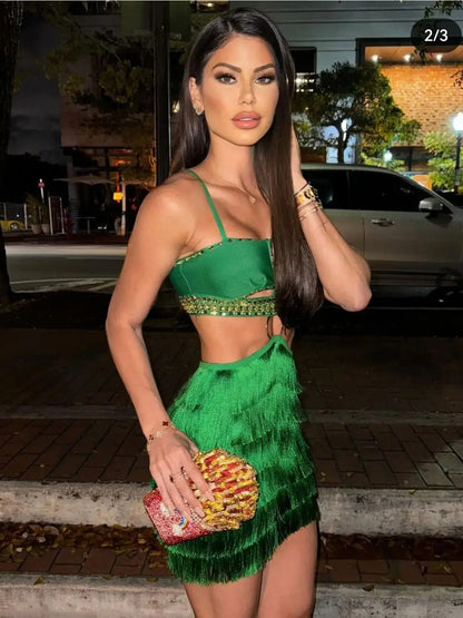 Brand Summer New 2024 INS Celebrity Sexy Tassel Green Bodycon Bandage Dress Elegant High Street Evening Mini Party Dress