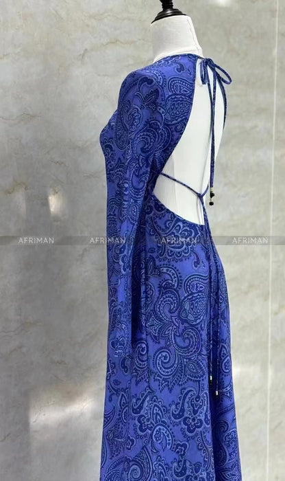 2024 New Blue Retro Print Sexy Backless Flare Sleeve Maxi Long Linen Dress