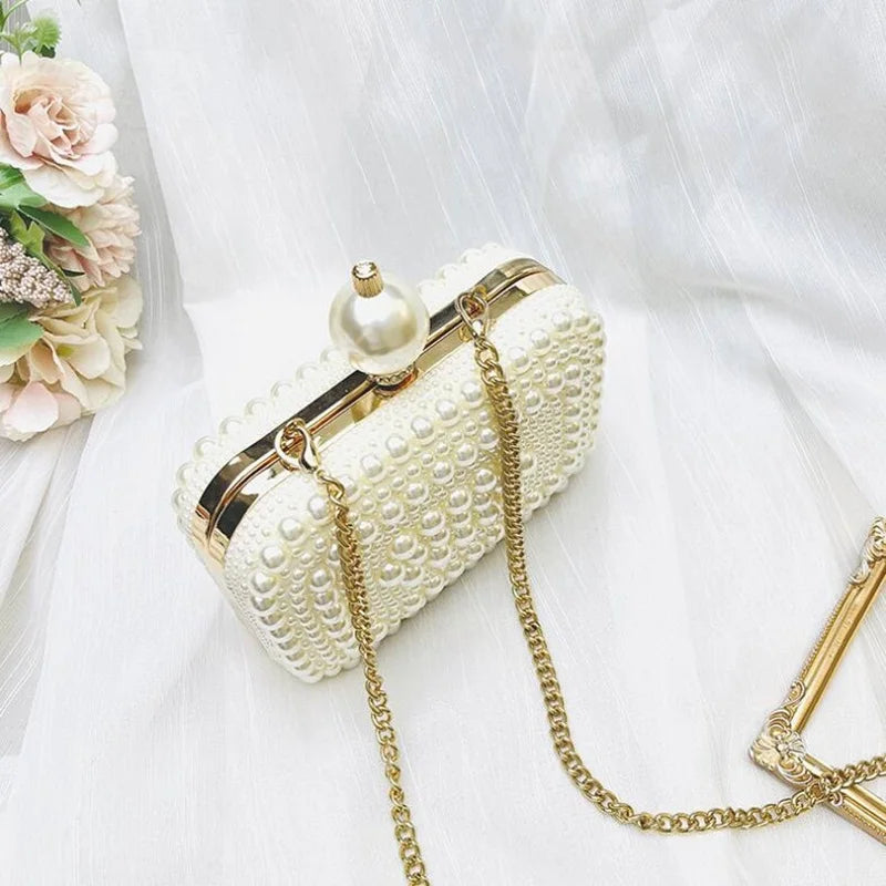 White Pearl Chain Shell Bag Genuine leather Handmade Women Square Clutch Evening Bag Size 15.5*11*5.5