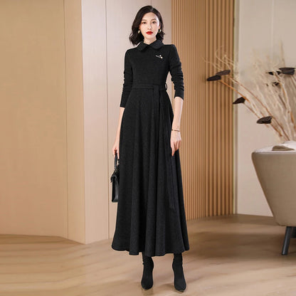 New Women Black Woolen Dress Autumn Winter Fashion Peter pan Collar Long Sleeve Wool Blends Long Dress Elegant Slim Dress