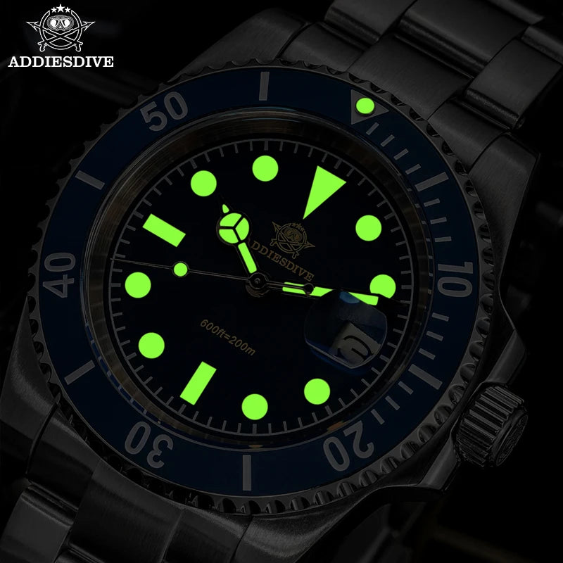 ADDIESDIVE Nouvelle montre à quartz de plongée de 41 mm en acier inoxydable avec affichage du calendrier, montres-bracelets lumineuses C3 étanches à 200 m pour hommes