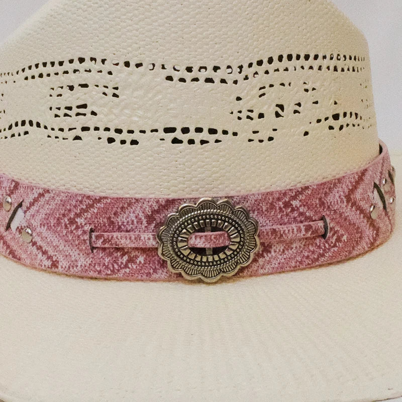 Sombrero de vaquero con ala ancha estilo occidental americano con cinturón de cuero rosa para mujer, paja dura ahuecada, estilo playero, de 55 a 61 cm