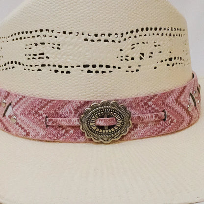 Chapeau de soleil en paille dure pour femme avec ceinture en cuir rose ajouré Yellowstone, chapeau de plage à large bord, style western américain, style cow-boy, 55-61 cm