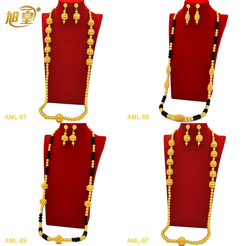 Fashion Dubai Luxury 24k Gold Color Long Chain Bead Jewelry Set For Women Arab African Indian Charm Necklace Earrings Set Gifts