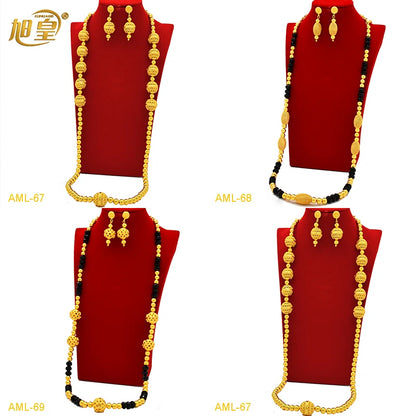 Fashion Dubai Luxury 24k Gold Color Long Chain Bead Jewelry Set For Women Arab African Indian Charm Necklace Earrings Set Gifts