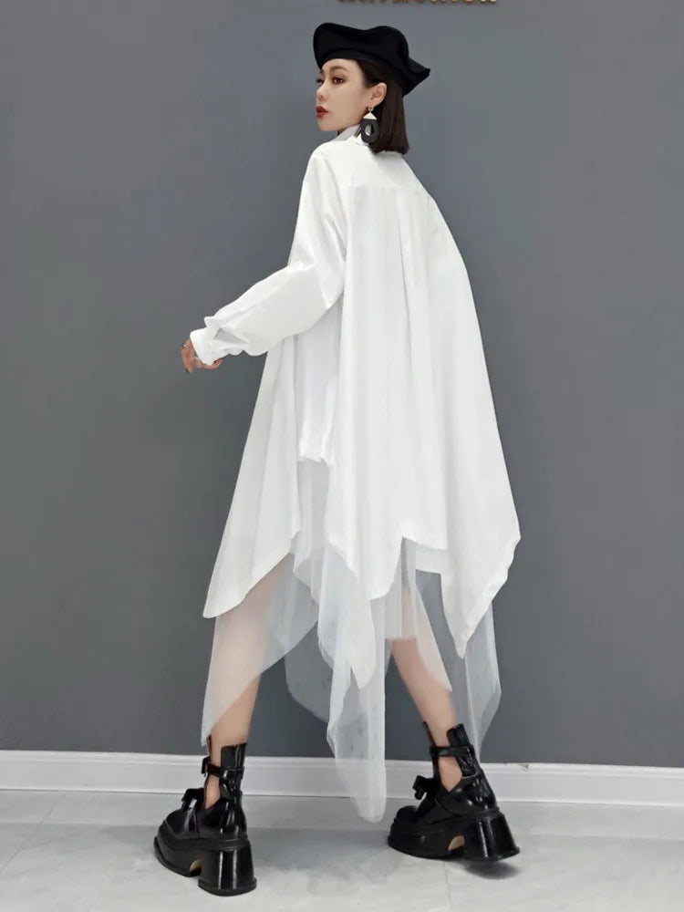 SHENGPALAE Mesh Splicing Oversized Long Sleeve Dress Women's 2024 Spring Summer New Fashion Tide Solid Color Shirt Dresses 5R956