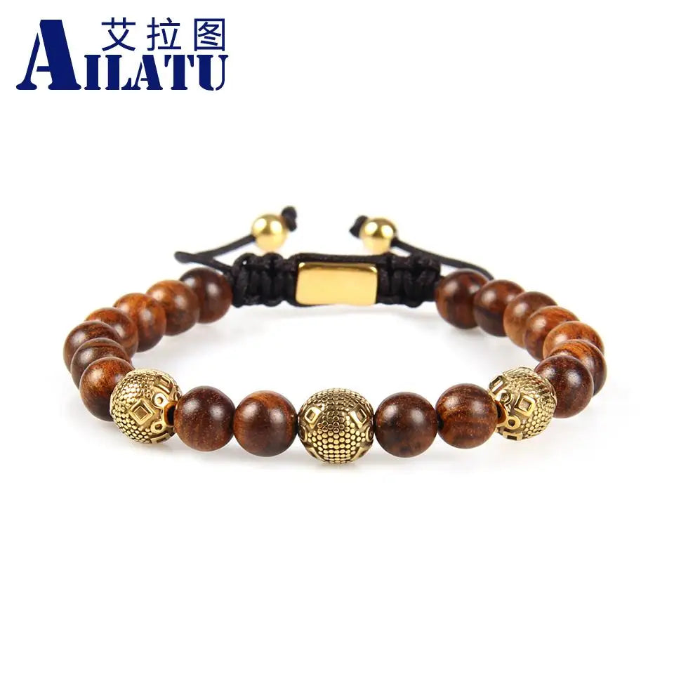 Ailatu 10 Pieces Men's Brand Stainless Steel Ball Bracelet with Natura Stone and Wood Beads Top Quality Free Logo Service