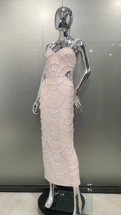 High Quality Women Sexy Pearl Beading Sequins Bodycon Mid-calf Dress Fashion Celebrate Evening Party Birthday Dress Wholesale