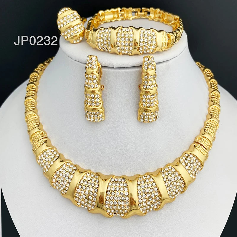 Ensemble de bijoux de Dubaï pour femmes, ensemble de luxe plaqué or 18 carats, collier, boucles d'oreilles, bracelet et bague, bijoux pour fête de mariage tendance