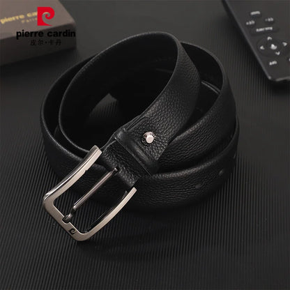 Ceintures en cuir véritable Pierre Cardin pour hommes, ceinture à boucle aiguille, ceinture noire